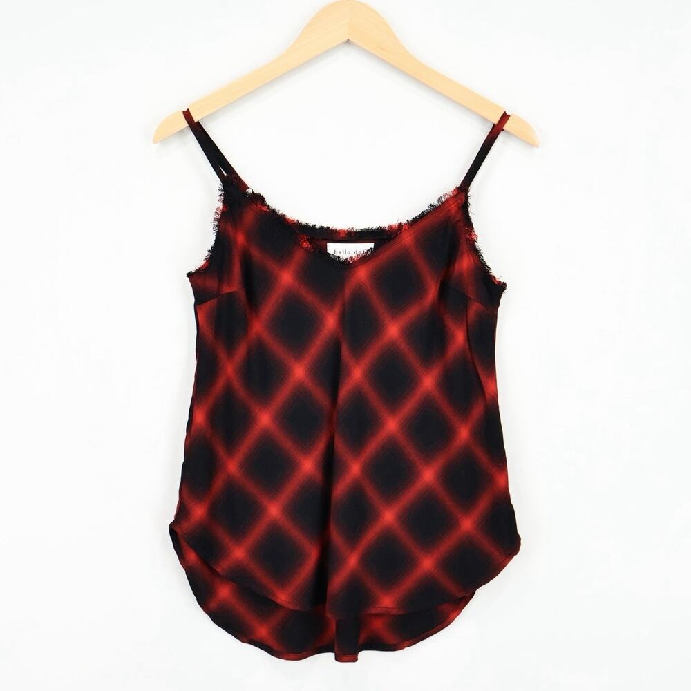 NWOT Bella Dahl Frayed Edge V-Neck Camisole Tank In Red Black Plaid Size XS